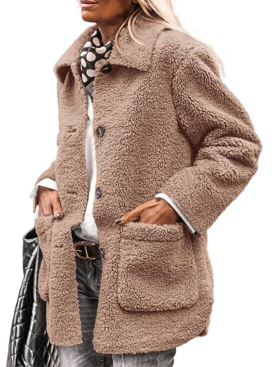 🆕 Women's Winter Faux Fur Coats Long Sleeve Lapel Button Down Pockets Fleece - Picture 7 of 7